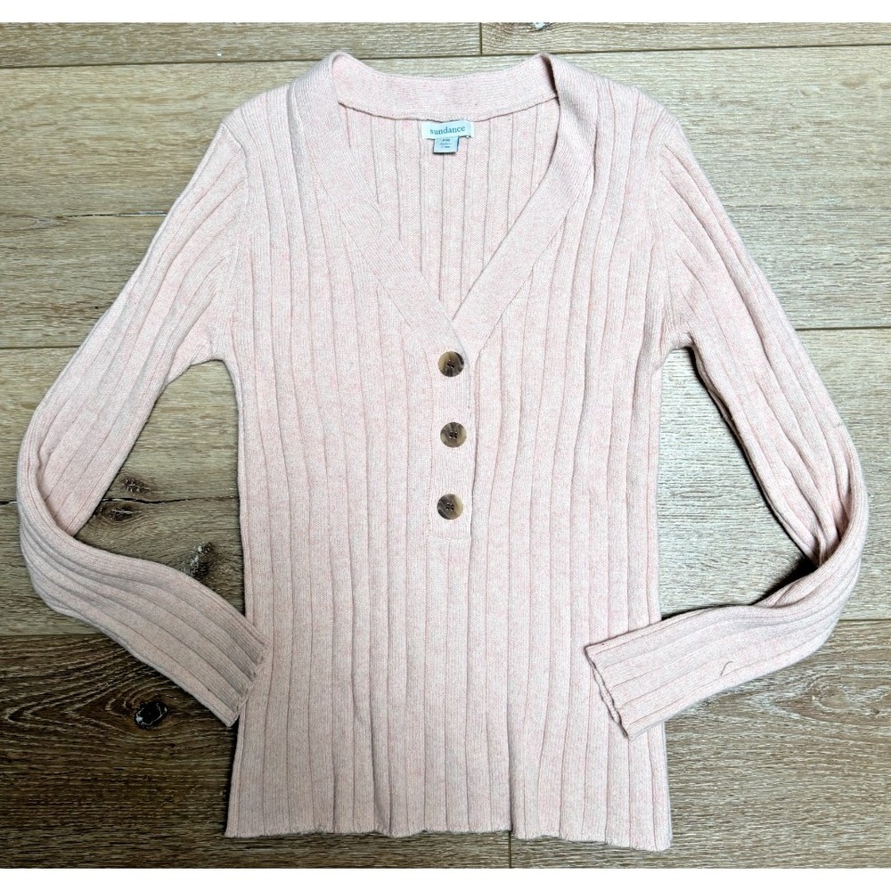 Sundance Pink Cotton Silk Blend Ribbed Knit Henley Sweater Women's‎ PM V-Neck